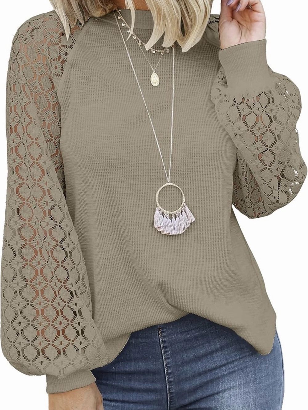 Khaki Waffle Knit Top | Lace Sleeve Balloon Sleeve | Tall Friendly | Size L
